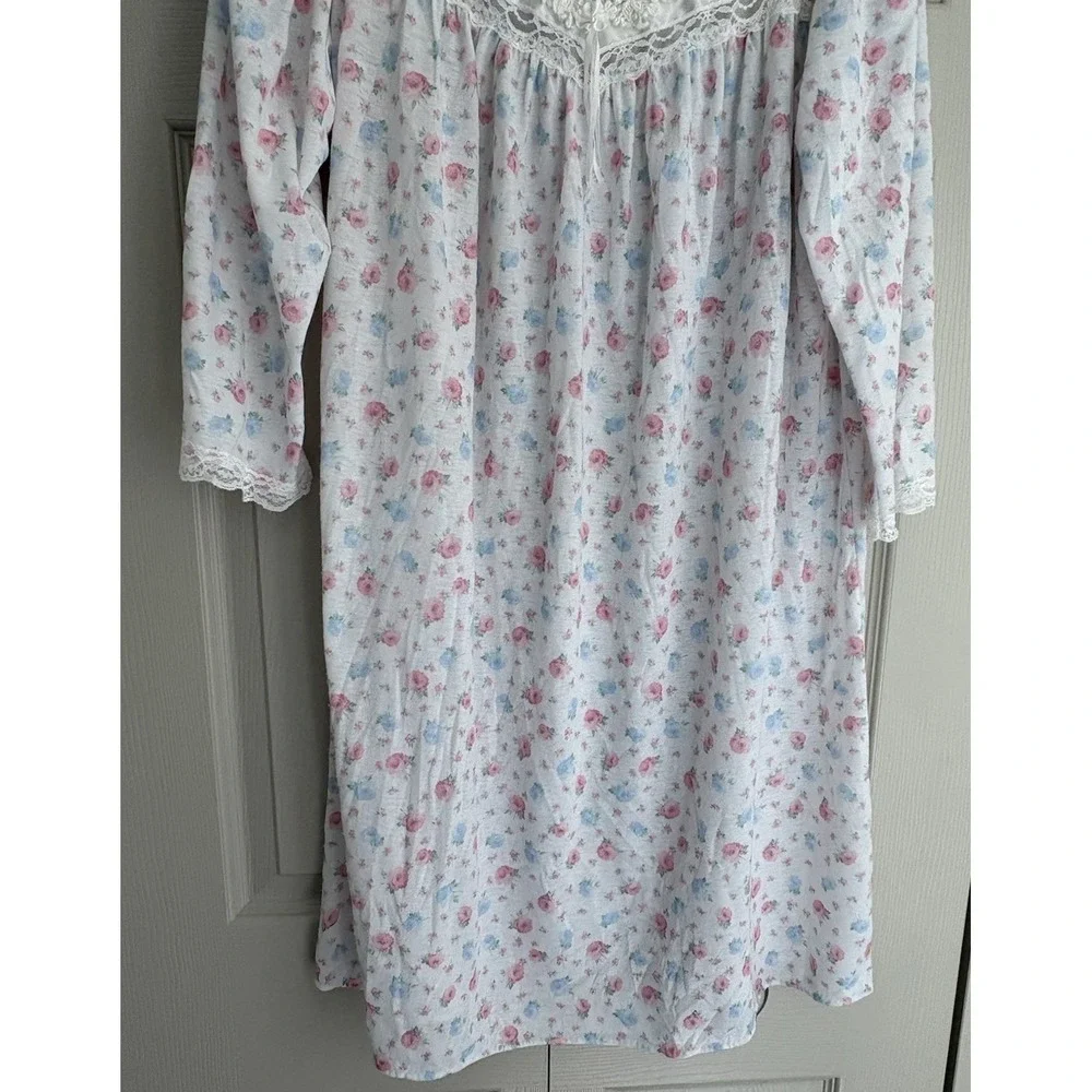 Vintage Miss‎ Elaine Nightgown Floral Lace Cotton Balloon Sleeve Large Flawed